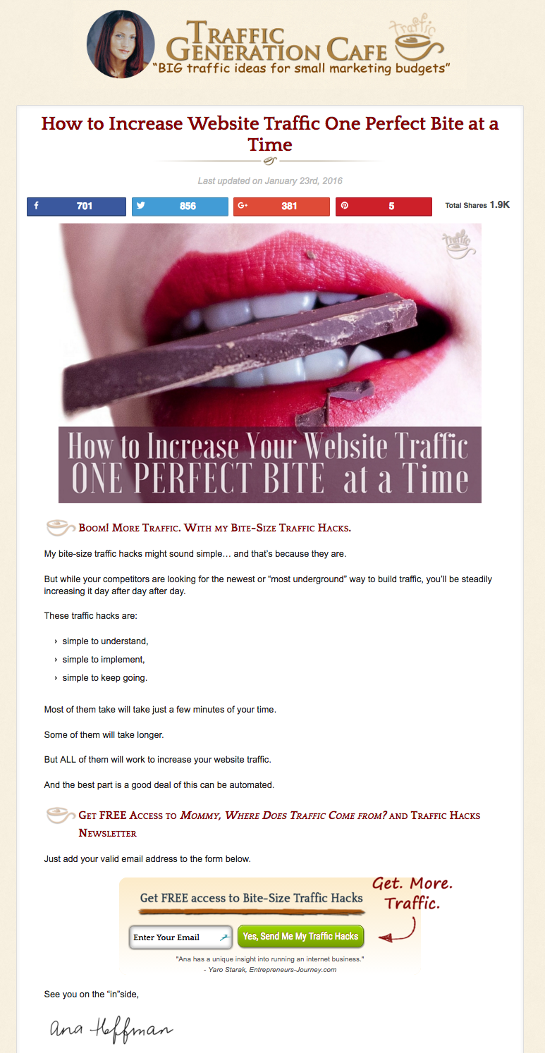 Email list building landing page example: Traffic Generation Café