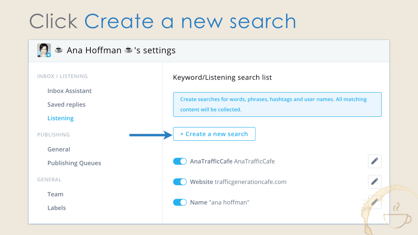 Create a new search in Agorapulse to follow more Twitter users