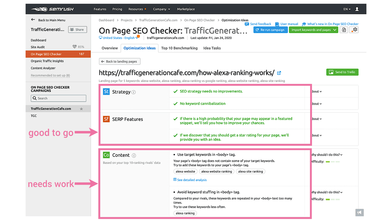 Click the green Ideas button to see SEMrush ideas