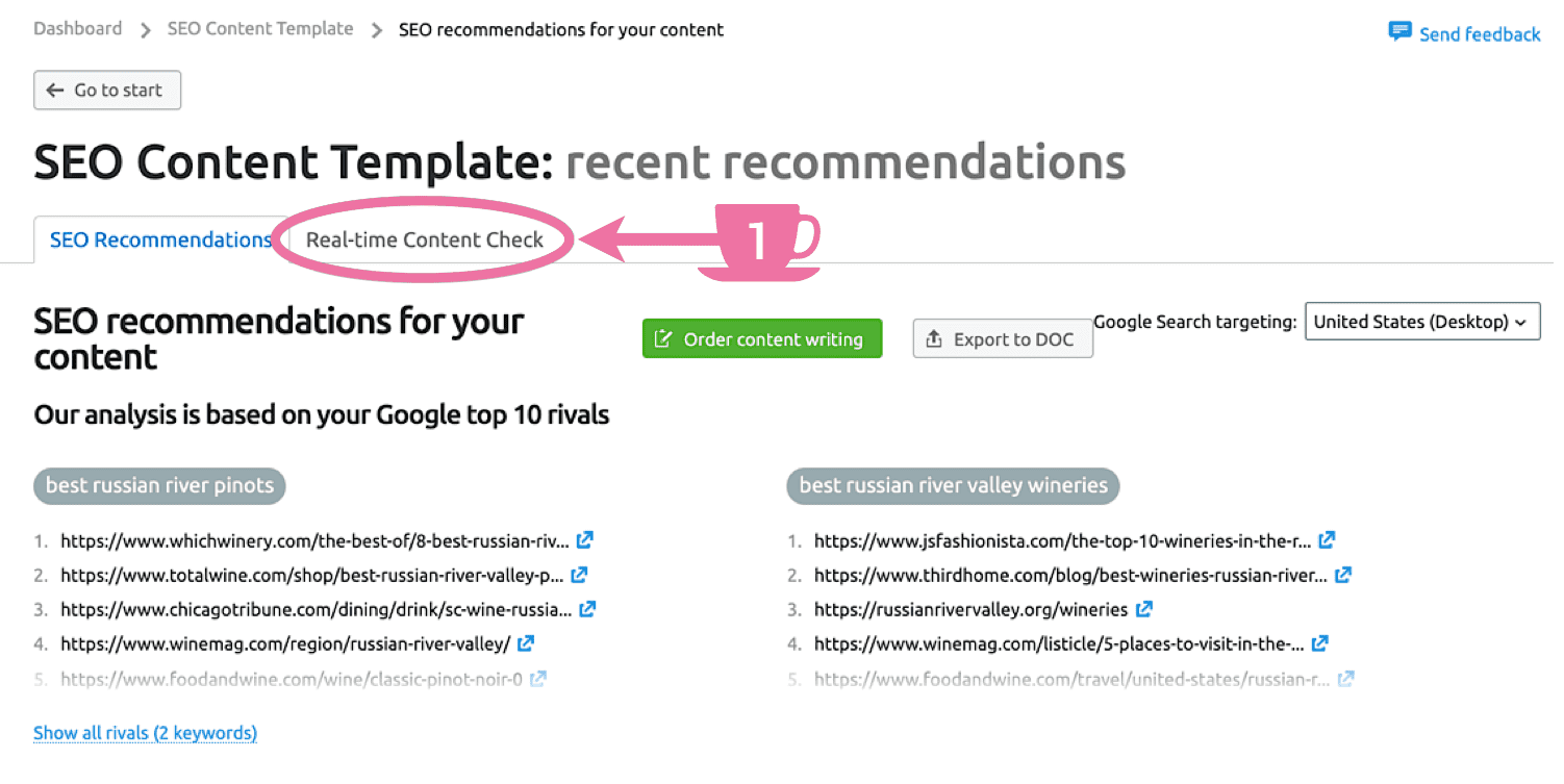 Find SEMrush SEO Writing Assistant Real-time Content Check tab