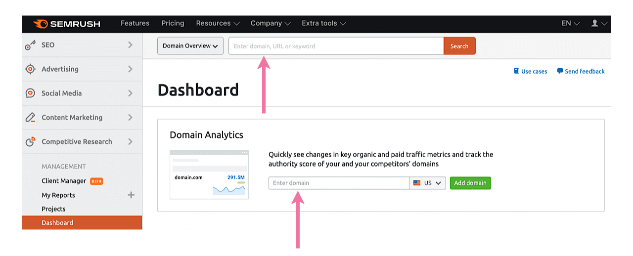 Enter URL for SEMrush Domain Overview