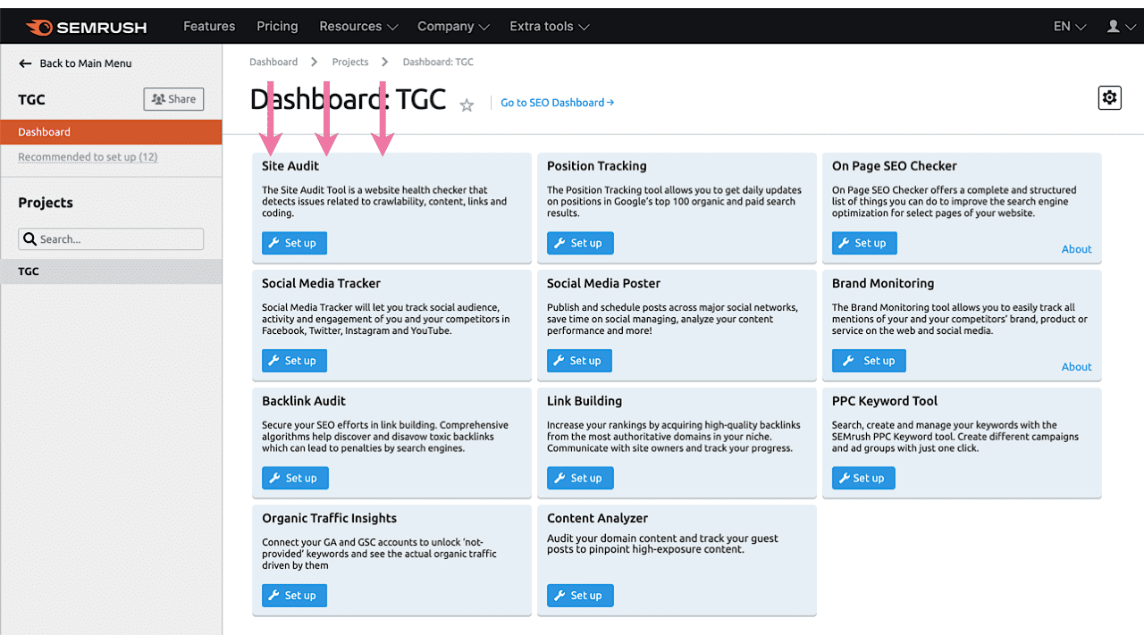 Run a Site Audit for check on the health of your traffic website