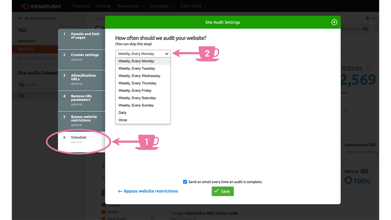 Schedule your SEMrush Site Audits to run automatically