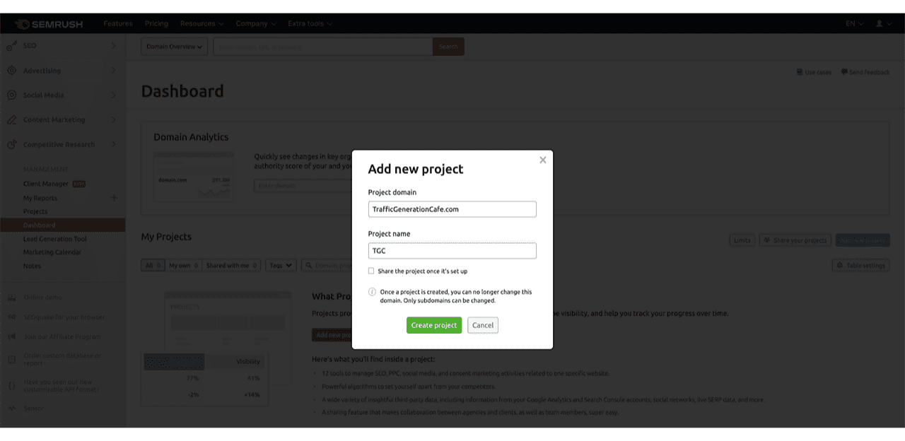 Enter info to add your domain as SEMrush Project