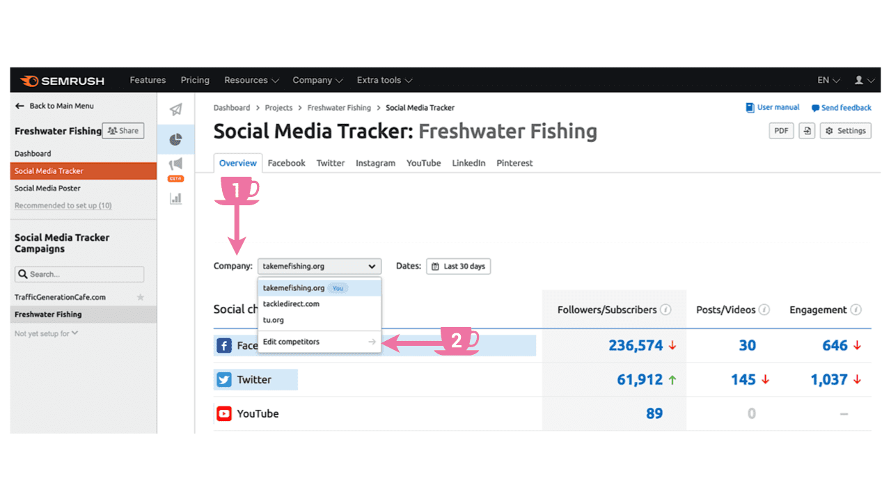 How to select competitors in SEMrush Social Media Tracker