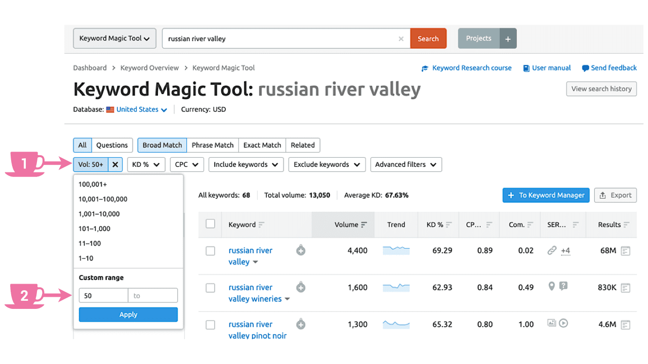 In Keyword Magic Tool apply Volume filter